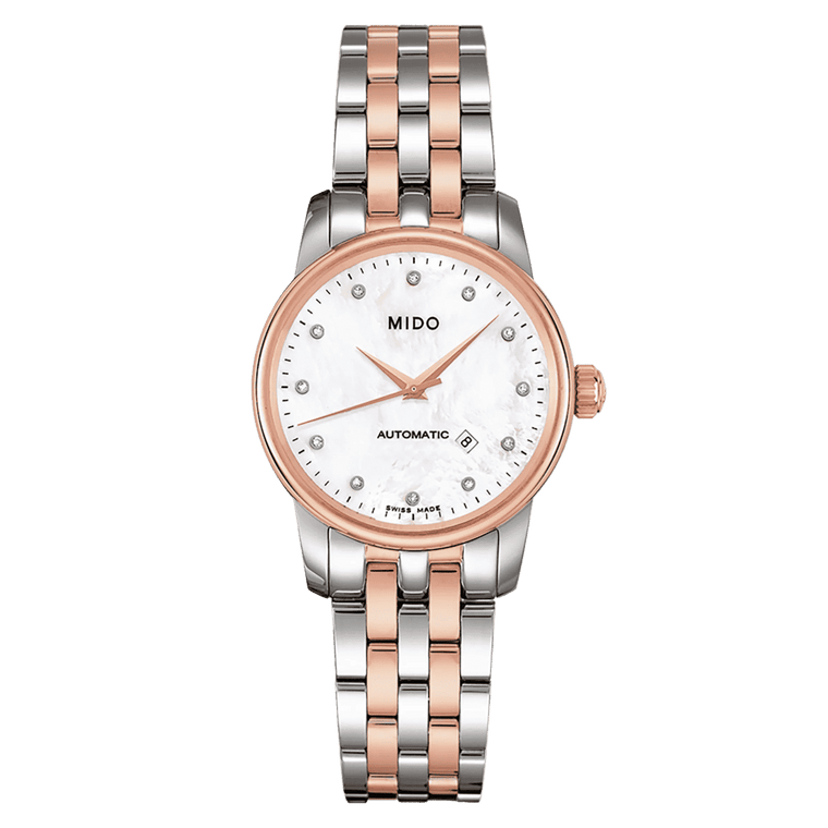 MIDO Baroncelli Automatico Donna 29 mm Acciaio PVD Oro Rosa Quadrante Madreperla 12 Diamanti Vetro Zaffiro Data Bracciale Bicolore 50 m Swiss Made Ref. M7600.9.69.1