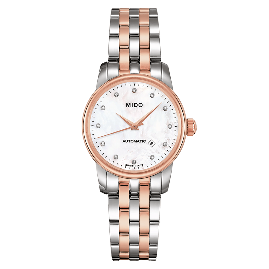 MIDO Baroncelli Automatico Donna 29 mm Acciaio PVD Oro Rosa Quadrante Madreperla 12 Diamanti Vetro Zaffiro Data Bracciale Bicolore 50 m Swiss Made Ref. M7600.9.69.1