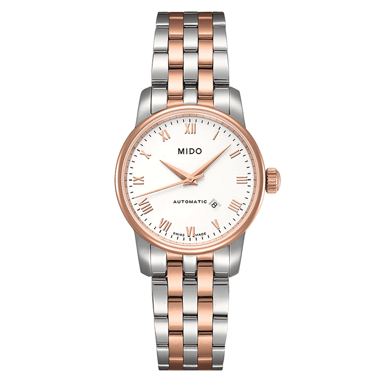 MIDO Baroncelli Tradition Automatico Donna 29 mm Acciaio PVD Oro Rosa Quadrante Bianco Numeri Romani Vetro Zaffiro Data Caliber 48 Bracciale Bicolore 50 m Swiss Made Ref. M7600.9.N6.1