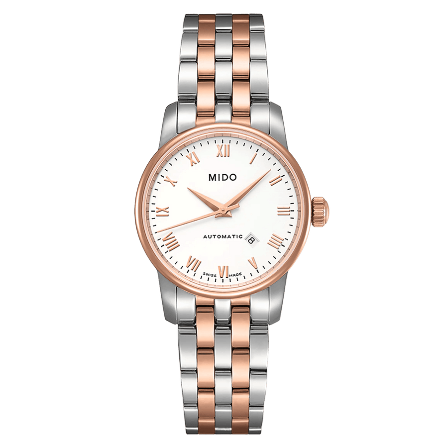 MIDO Baroncelli Tradition Automatico Donna 29 mm Acciaio PVD Oro Rosa Quadrante Bianco Numeri Romani Vetro Zaffiro Data Caliber 48 Bracciale Bicolore 50 m Swiss Made Ref. M7600.9.N6.1