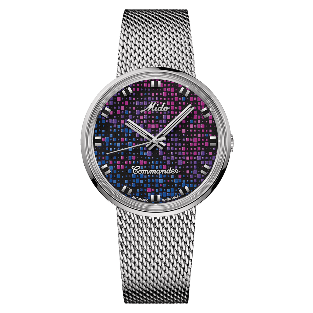 Orologio Mido automatico Commander con quadrante viola e bracciale in maglia d’acciaio