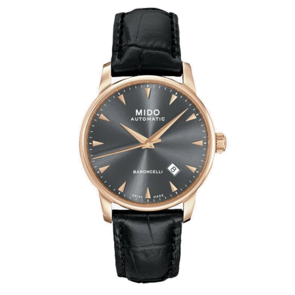 MIDO Baroncelli Automatico Uomo 38 mm Acciaio PVD Oro Rosa Quadrante Antracite Vetro Zaffiro Antiriflesso Data Caliber 80 Cinturino Pelle Nero 50 m Swiss Made Ref. M8600.3.13.4