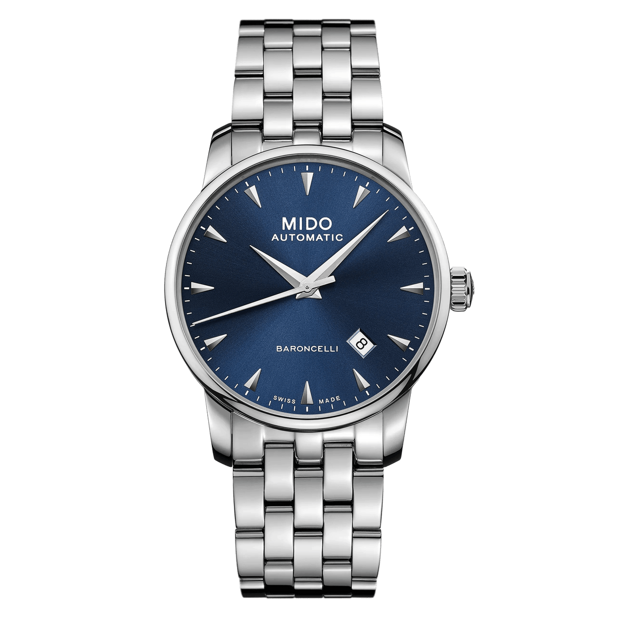 MIDO Baroncelli Midnight Blue Automatico Uomo 38 mm Acciaio 316L Quadrante Blu Vetro Zaffiro Antiriflesso Data Caliber 80 Bracciale Acciaio 50 m Swiss Made Ref. M8600.4.15.1 Oasi Watch