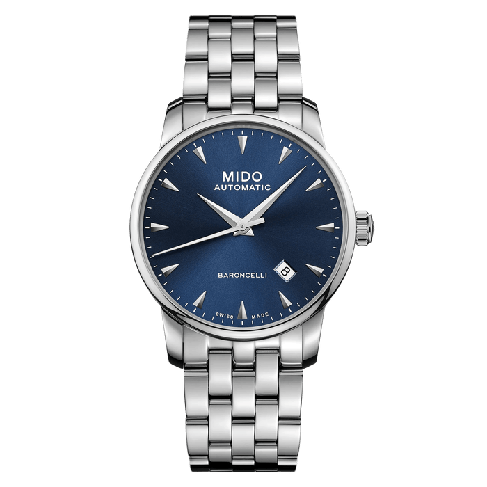 MIDO Baroncelli Midnight Blue Automatico Uomo 38 mm Acciaio 316L Quadrante Blu Vetro Zaffiro Antiriflesso Data Caliber 80 Bracciale Acciaio 50 m Swiss Made Ref. M8600.4.15.1