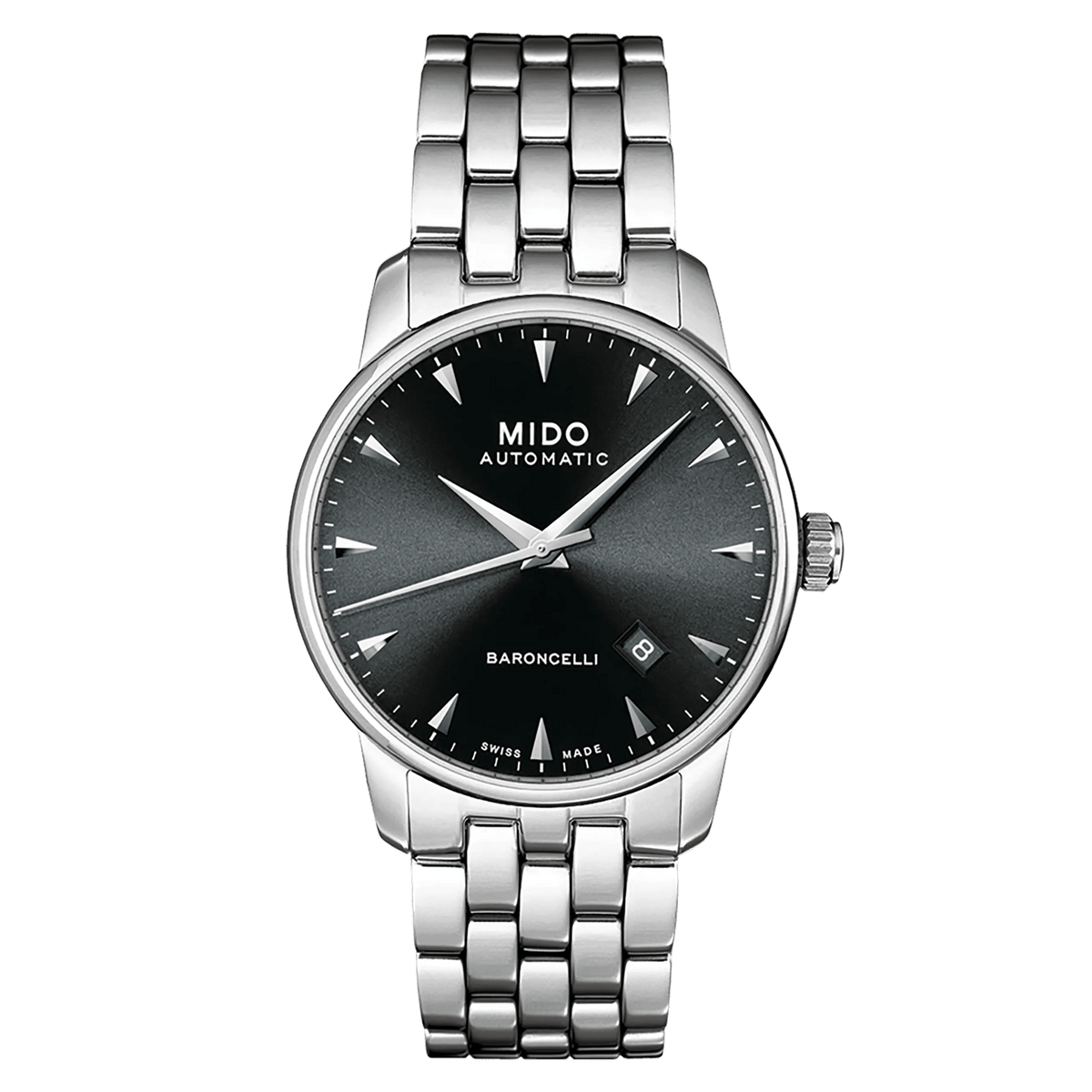 MIDO Baroncelli Automatico Uomo 38 mm Acciaio Quadrante Nero Vetro Zaffiro Antiriflesso Data Caliber 80 Bracciale Acciaio 50 m Swiss Made Ref. M8600.4.18.1 Oasi Watch
