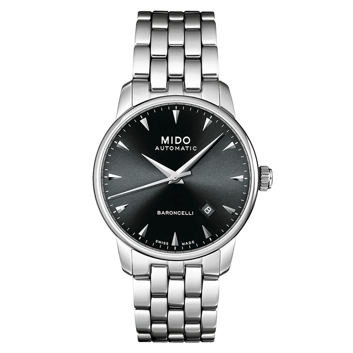MIDO Baroncelli Automatico Uomo 38 mm Acciaio Quadrante Nero Vetro Zaffiro Antiriflesso Data Caliber 80 Bracciale Acciaio 50 m Swiss Made Ref. M8600.4.18.1