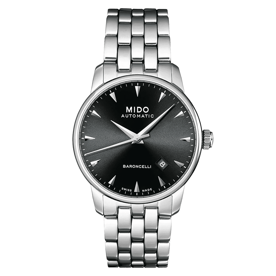 MIDO Baroncelli Automatico Uomo 38 mm Acciaio Quadrante Nero Vetro Zaffiro Antiriflesso Data Caliber 80 Bracciale Acciaio 50 m Swiss Made Ref. M8600.4.18.1