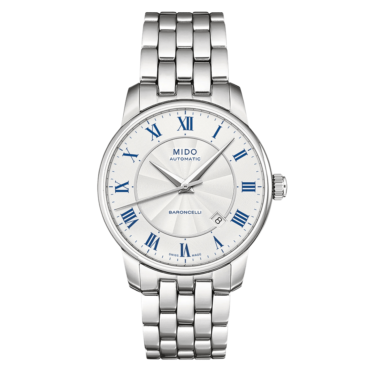 MIDO Baroncelli Tradition Automatico Uomo 38 mm Acciaio Quadrante Argento Numeri Romani Blu Vetro Zaffiro Antiriflesso Data Caliber 80 Bracciale Acciaio 50 m Swiss Made Ref. M8600.4.21.1