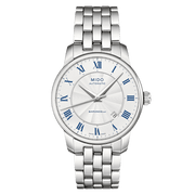 Orologio automatico da uomo, quadrante argento con numeri romani blu, bracciale acciaio