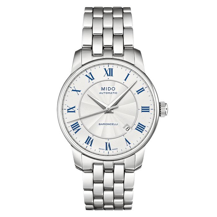 MIDO Baroncelli Tradition Automatico Uomo 38 mm Acciaio Quadrante Argento Numeri Romani Blu Vetro Zaffiro Antiriflesso Data Caliber 80 Bracciale Acciaio 50 m Swiss Made Ref. M8600.4.21.1