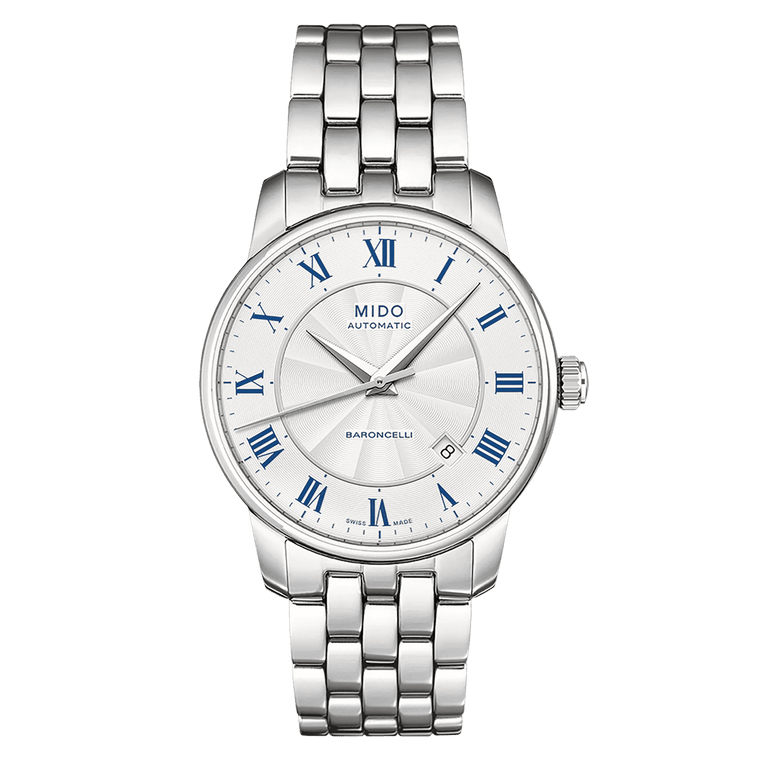 MIDO Baroncelli Tradition Automatico Uomo 38 mm Acciaio Quadrante Argento Numeri Romani Blu Vetro Zaffiro Antiriflesso Data Caliber 80 Bracciale Acciaio 50 m Swiss Made Ref. M8600.4.21.1