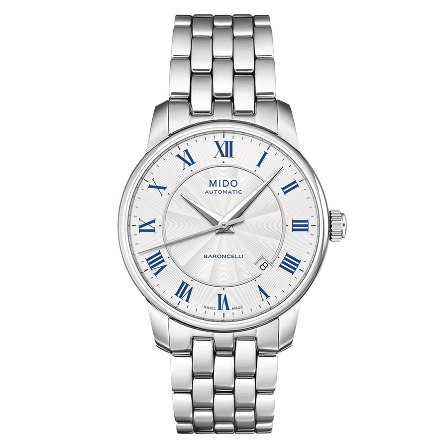 MIDO Baroncelli Tradition Automatico Uomo 38 mm Acciaio Quadrante Argento Numeri Romani Blu Vetro Zaffiro Antiriflesso Data Caliber 80 Bracciale Acciaio 50 m Swiss Made Ref. M8600.4.21.1