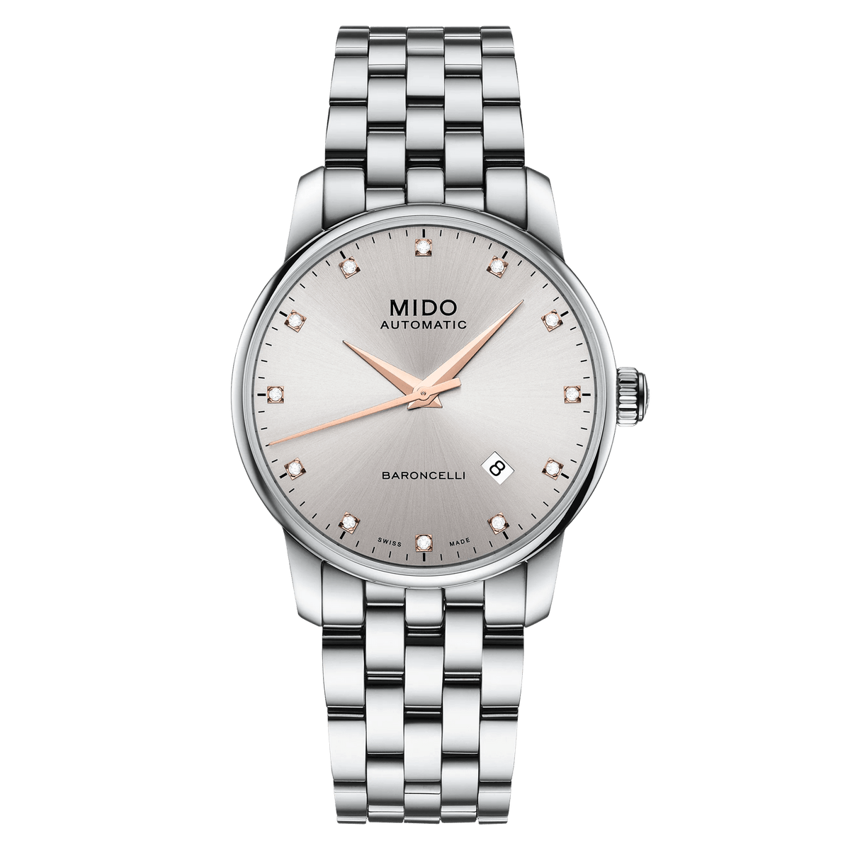 MIDO Baroncelli Automatico Uomo 38 mm Acciaio Quadrante Rodio 12 Diamanti Vetro Zaffiro Antiriflesso Data Caliber 80 Bracciale Acciaio 50 m Swiss Made Ref. M8600.4.67.1