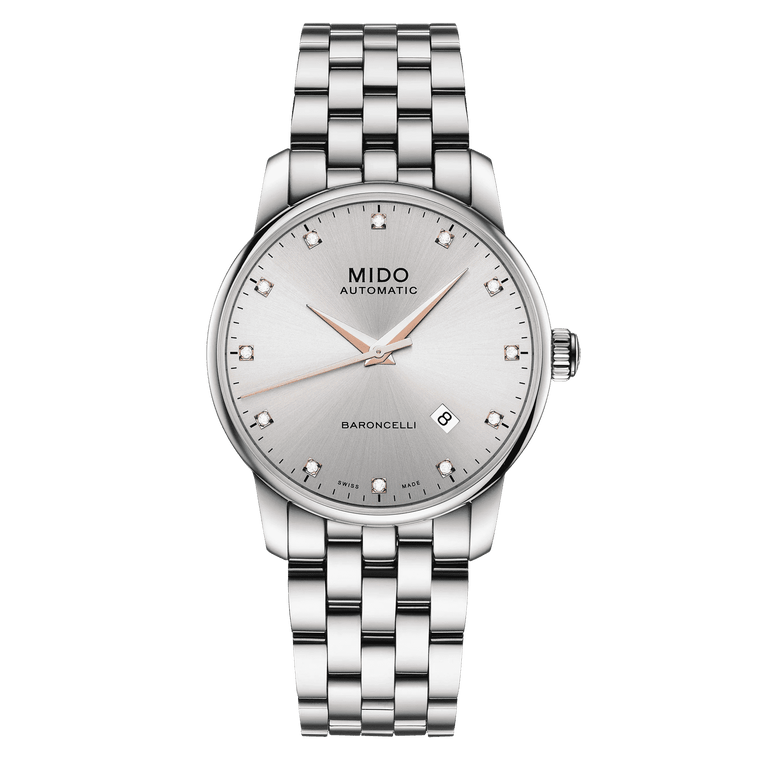 MIDO Baroncelli Automatico Uomo 38 mm Acciaio Quadrante Rodio 12 Diamanti Vetro Zaffiro Antiriflesso Data Caliber 80 Bracciale Acciaio 50 m Swiss Made Ref. M8600.4.67.1