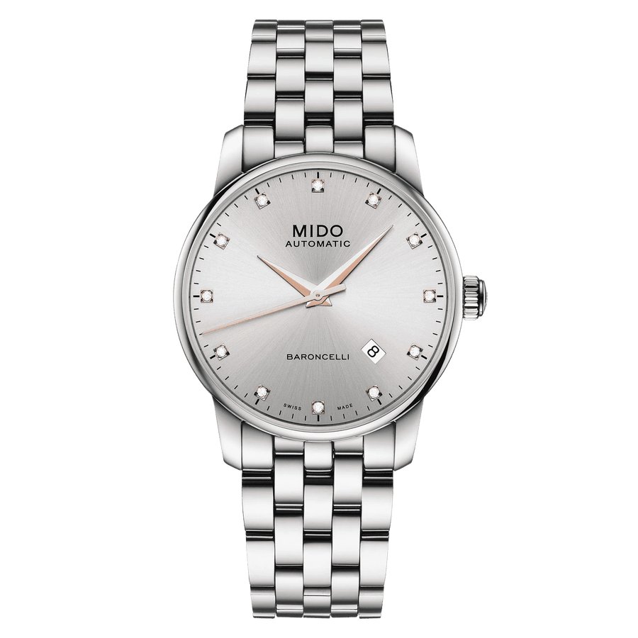 MIDO Baroncelli Automatico Uomo 38 mm Acciaio Quadrante Rodio 12 Diamanti Vetro Zaffiro Antiriflesso Data Caliber 80 Bracciale Acciaio 50 m Swiss Made Ref. M8600.4.67.1