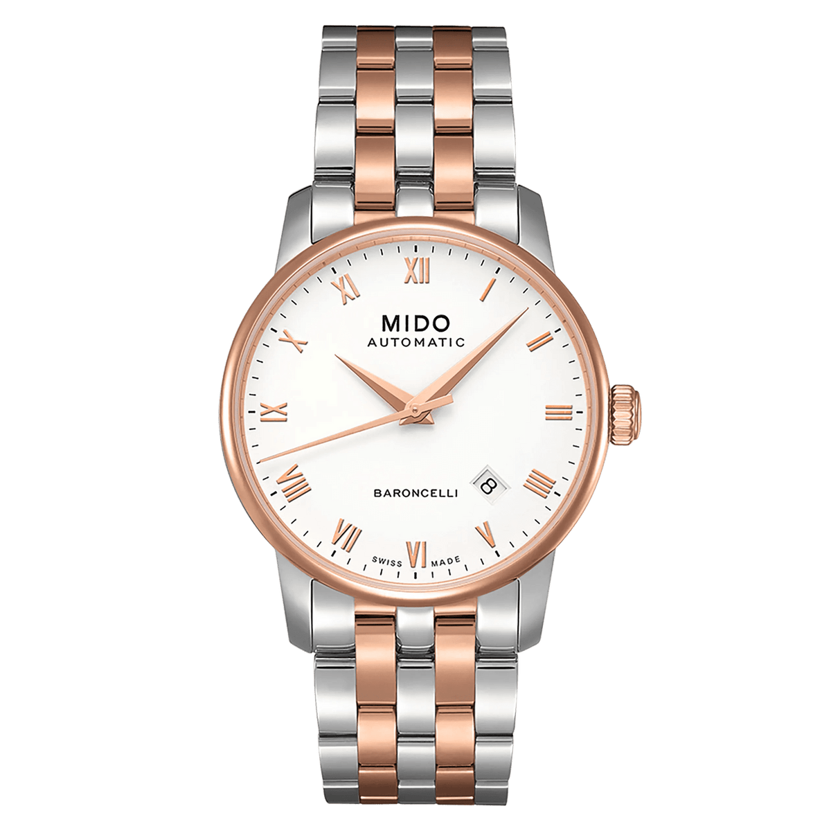 MIDO Baroncelli Tradition Automatico Uomo 38 mm Acciaio PVD Oro Rosa Quadrante Bianco Numeri Romani Vetro Zaffiro Antiriflesso Data Bracciale Bicolore 50 m Swiss Made Ref. M8600.9.N6.1 Oasi Watch