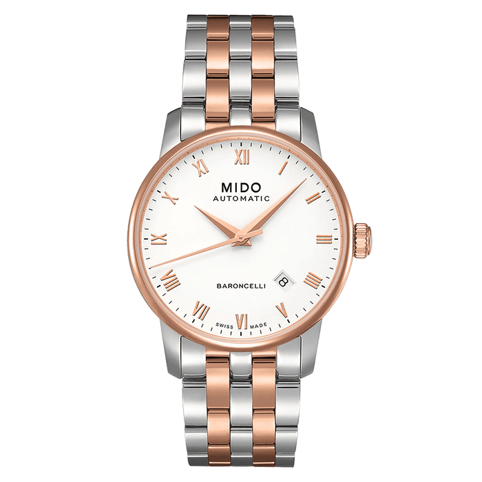 MIDO Baroncelli Tradition Automatico Uomo 38 mm Acciaio PVD Oro Rosa Quadrante Bianco Numeri Romani Vetro Zaffiro Antiriflesso Data Bracciale Bicolore 50 m Swiss Made Ref. M8600.9.N6.1