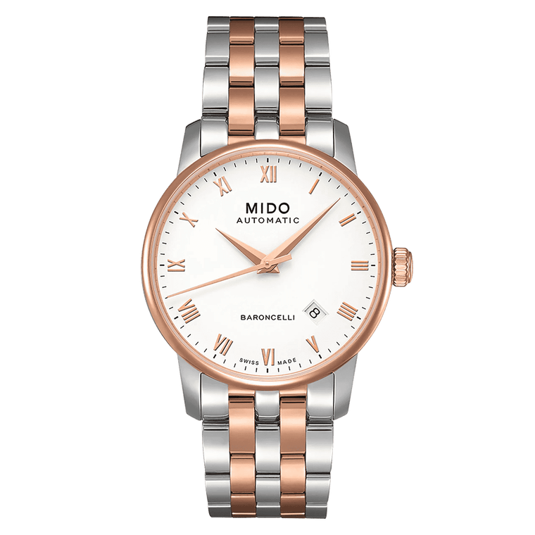 MIDO Baroncelli Tradition Automatico Uomo 38 mm Acciaio PVD Oro Rosa Quadrante Bianco Numeri Romani Vetro Zaffiro Antiriflesso Data Bracciale Bicolore 50 m Swiss Made Ref. M8600.9.N6.1