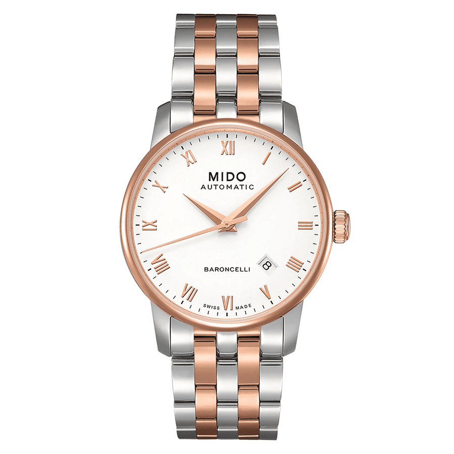 MIDO Baroncelli Tradition Automatico Uomo 38 mm Acciaio PVD Oro Rosa Quadrante Bianco Numeri Romani Vetro Zaffiro Antiriflesso Data Bracciale Bicolore 50 m Swiss Made Ref. M8600.9.N6.1