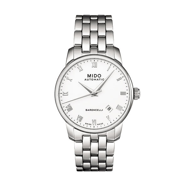 MIDO Baroncelli Tradition Automatico Uomo 38 mm Acciaio Quadrante Bianco Numeri Romani Vetro Zaffiro Antiriflesso Data Caliber 80 Bracciale Acciaio 50 m Swiss Made Ref. M8600.4.26.1