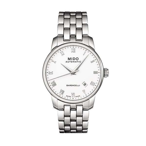 MIDO Baroncelli Tradition Automatico Uomo 38 mm Acciaio Quadrante Bianco Numeri Romani Vetro Zaffiro Antiriflesso Data Caliber 80 Bracciale Acciaio 50 m Swiss Made Ref. M8600.4.26.1