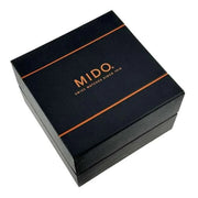 Scatola regalo MIDO blu con bordo arancione e logo rosso