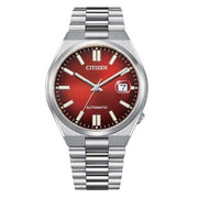 Orologio Citizen automatico in acciaio, quadrante rosso bordeaux con datario e bracciale maglie