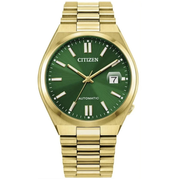 Citizen Tsuyosa Automatico Uomo 40 mm Acciaio Oro Quadrante Verde Soleil Vetro Zaffiro Antiriflesso Data Calibro 8210 Bracciale Acciaio Oro 50 m Ref. NJ0152-51X