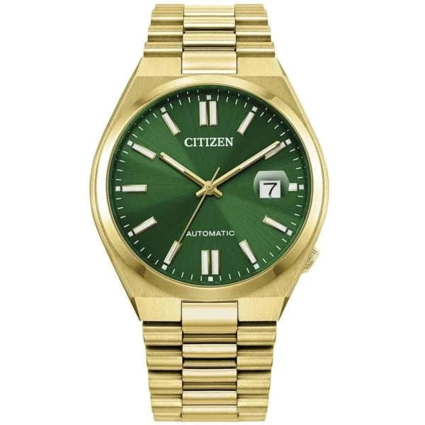 Citizen Tsuyosa Automatico Uomo 40 mm Acciaio Oro Quadrante Verde Soleil Vetro Zaffiro Antiriflesso Data Calibro 8210 Bracciale Acciaio Oro 50 m Ref. NJ0152-51X
