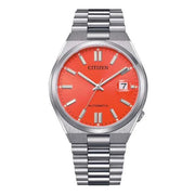 Orologio automatico da uomo con quadrante rosso e bracciale in acciaio, data