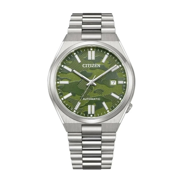 Citizen Tsuyosa Automatico Uomo 40 mm Acciaio Quadrante Verde Camouflage Testurizzato Vetro Zaffiro Data Calibro 8210 Bracciale Acciaio 50 m Ref. NJ0159-86X