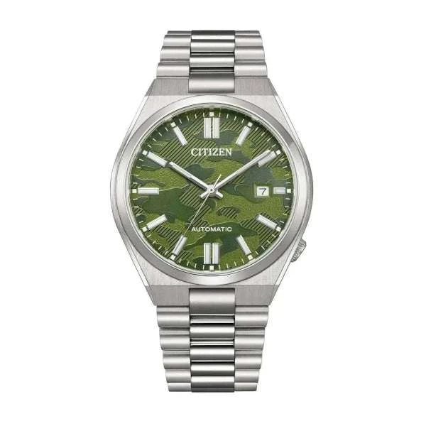 Citizen Tsuyosa Automatico Uomo 40 mm Acciaio Quadrante Verde Camouflage Testurizzato Vetro Zaffiro Data Calibro 8210 Bracciale Acciaio 50 m Ref. NJ0159-86X