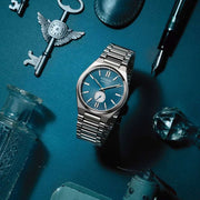 Orologio automatico da uomo con quadrante blu testurizzato e bracciale in acciaio