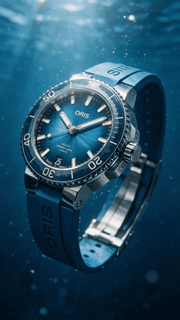 Orologio subacqueo Oris con quadrante blu, cinturino caucciù e ghiera in acciaio