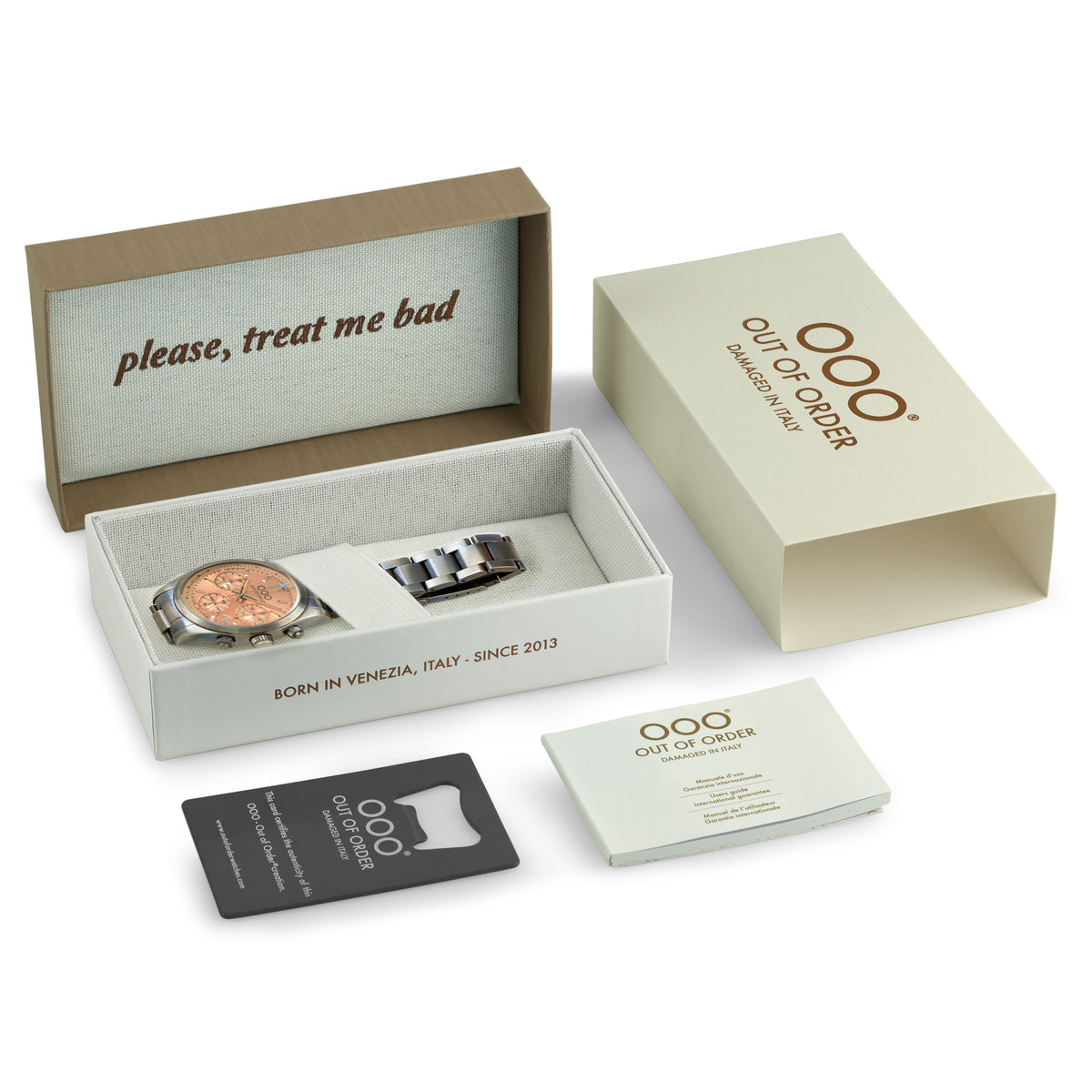 Confezione con orologio: scatole e accessori cartacei con logo OOO