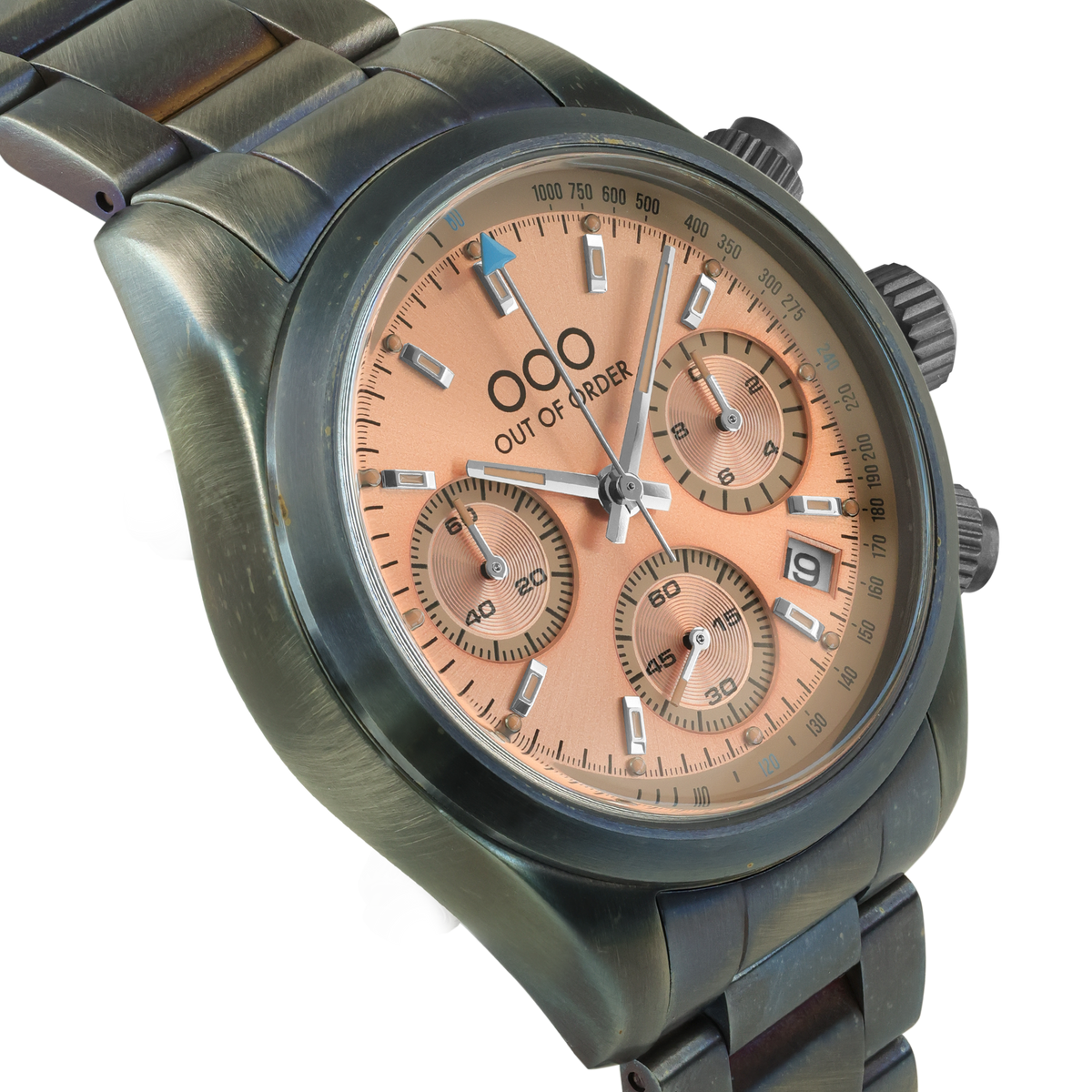 Orologio cronografo unisex con quadrante pesca vintage e cassa in acciaio spazzolato