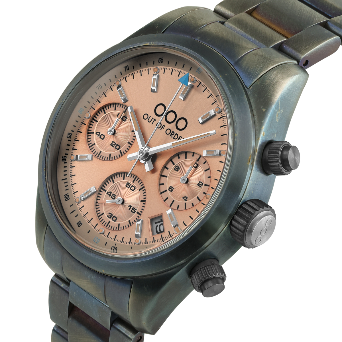 Orologio cronografo con corona e pulsanti laterali, quadrante pesca e bracciale Oyster