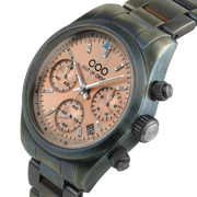 Orologio cronografo con corona e pulsanti laterali, quadrante pesca e bracciale Oyster