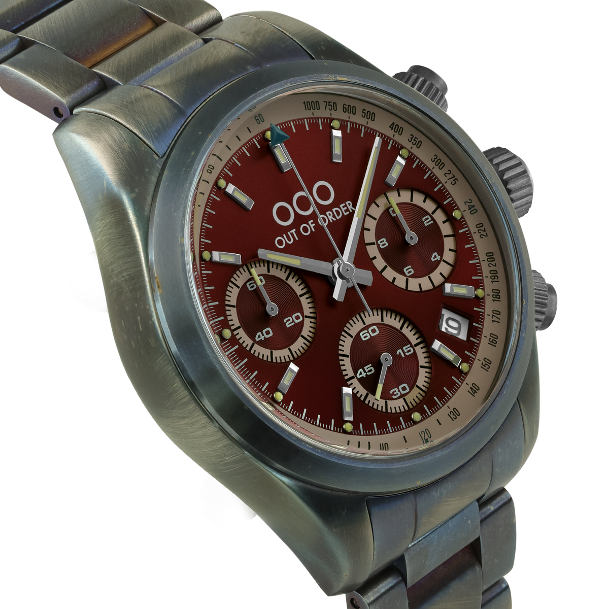 Orologio cronografo quarzo con quadrante rosso e cassa in acciaio satinato, tre contatori