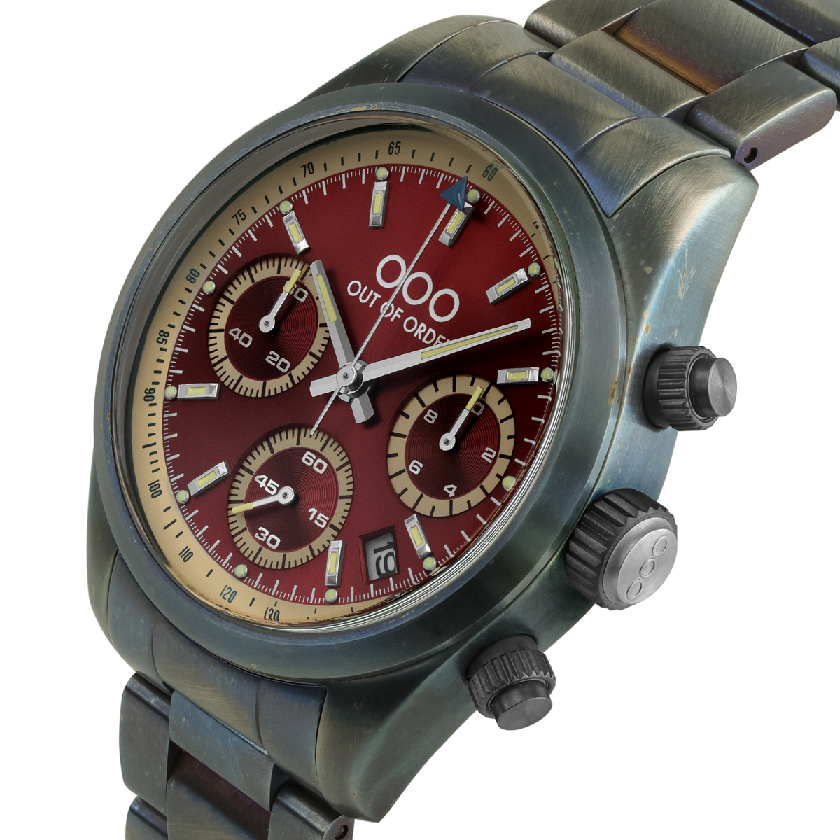 Orologio cronografo quarzo con quadrante rosso e cinturino Oyster in acciaio, corona a destra