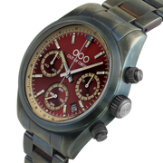 Orologio cronografo quarzo con quadrante rosso e cinturino Oyster in acciaio, corona a destra