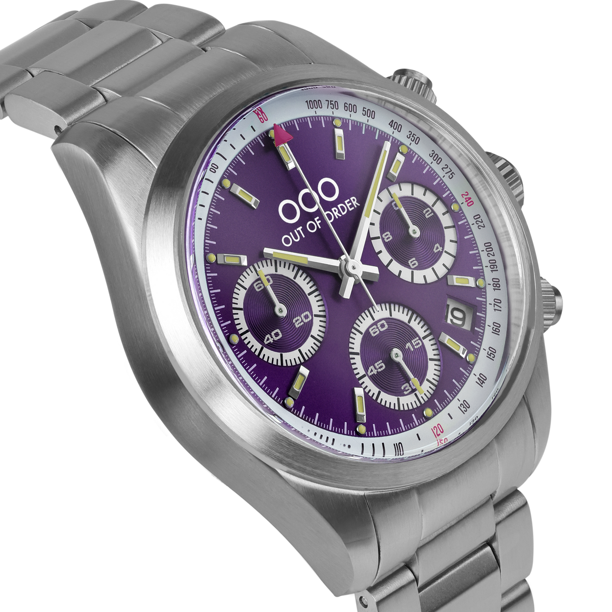 Orologio cronografo con quadrante viola e tre contatori, bracciale in acciaio