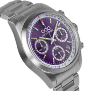 Orologio cronografo con quadrante viola e tre contatori, bracciale in acciaio