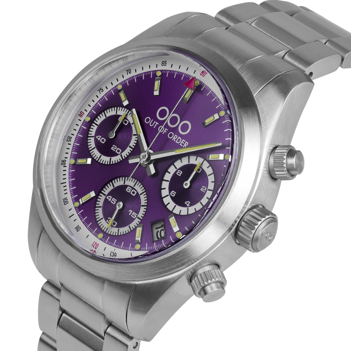 Orologio cronografo in acciaio con quadrante viola e pulsanti laterali