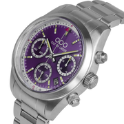 Orologio cronografo in acciaio con quadrante viola e pulsanti laterali