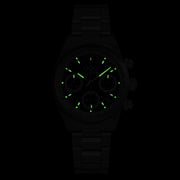 Orologio sportivo con quadrante scuro fosforescente e cinturino nero a maglie