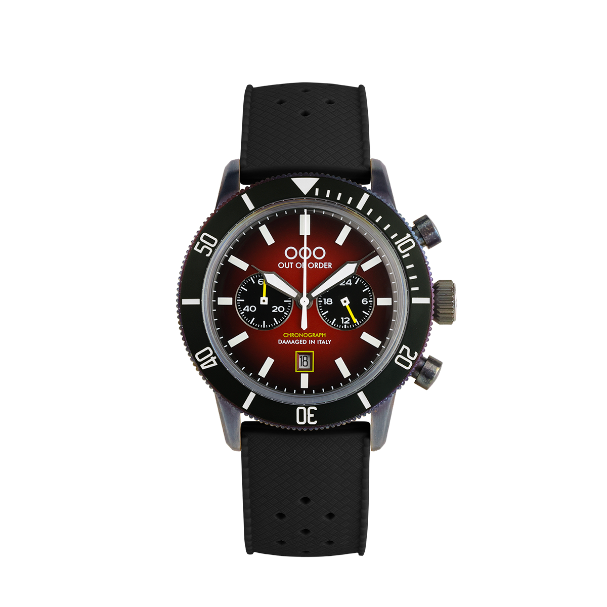 Orologio pilota da uomo con quadrante rosso, cinturino nero in silicone e cronografi