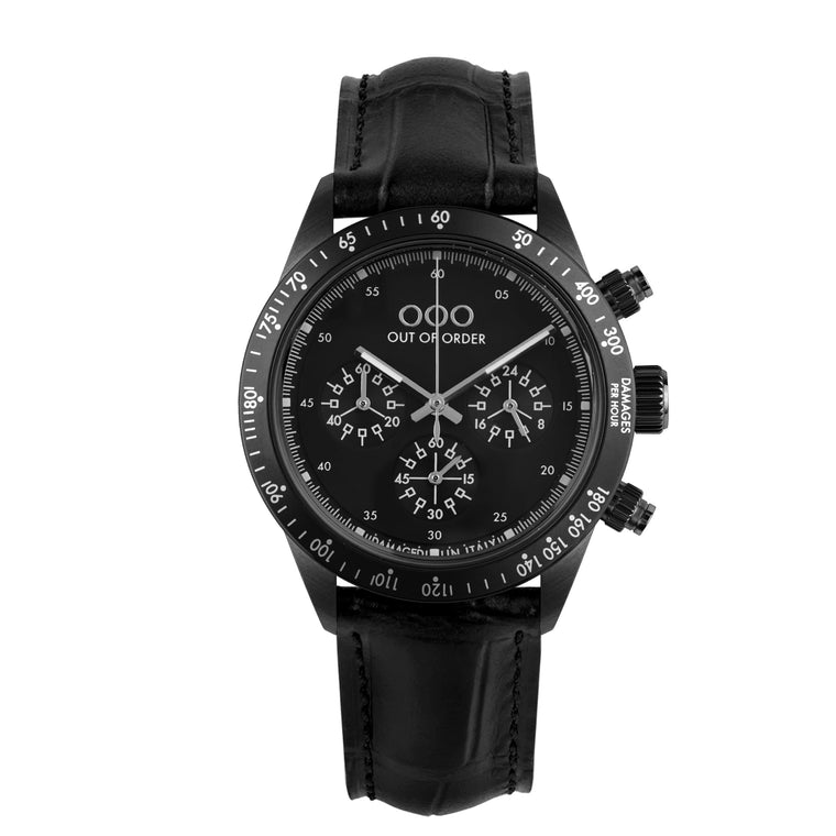 Out Of Order SuperVintage Chrono Limited Edition Unisex 42 mm Acciaio PVD Nero Quadrante Nero Cronografo Miyota OS20 Vetro Minerale Rivestito Zaffiro Pelle Nera 100 m Ref. OOO.001-30.NE.NE.