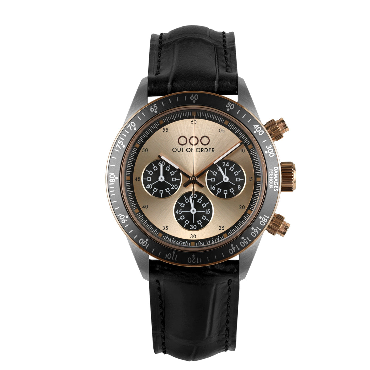Out Of Order SuperVintage Chrono Desert Rose Limited Edition Unisex 42 mm Acciaio 316L Quadrante Champagne Oro Rosa Miyota OS20 Pelle Nera 100 m Ref. OOO.001-30.NE.RG