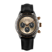 Orologio unisex con cinturino in pelle nera e quadrante champagne cronografo.